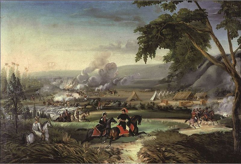 Batalla del río Palo, pintura realizada por el artista colombiano José María Espinosa Prieto. Esta batalla entre patriotas y realistas tuvo lugar en 1815, en el actual departamento de Cauca.
