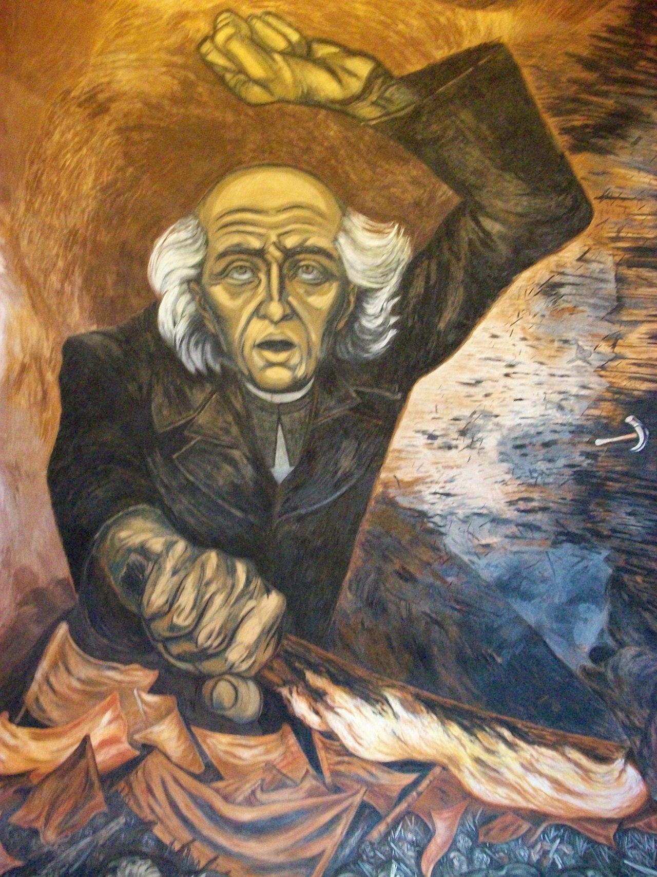 Representación de Miguel Hidalgo realizada por José Clemente Orozco, uno de los principales exponentes del muralismo mexicano. Palacio de Gobierno del Estado de Jalisco, Guadalajara.