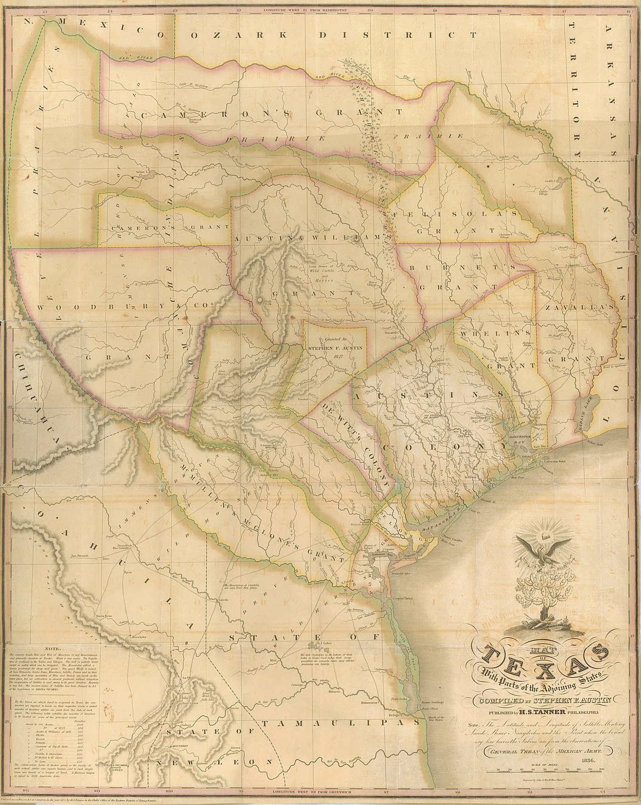 Mapa del territorio de Texas realizado por Stephen F. Austin en 1836.