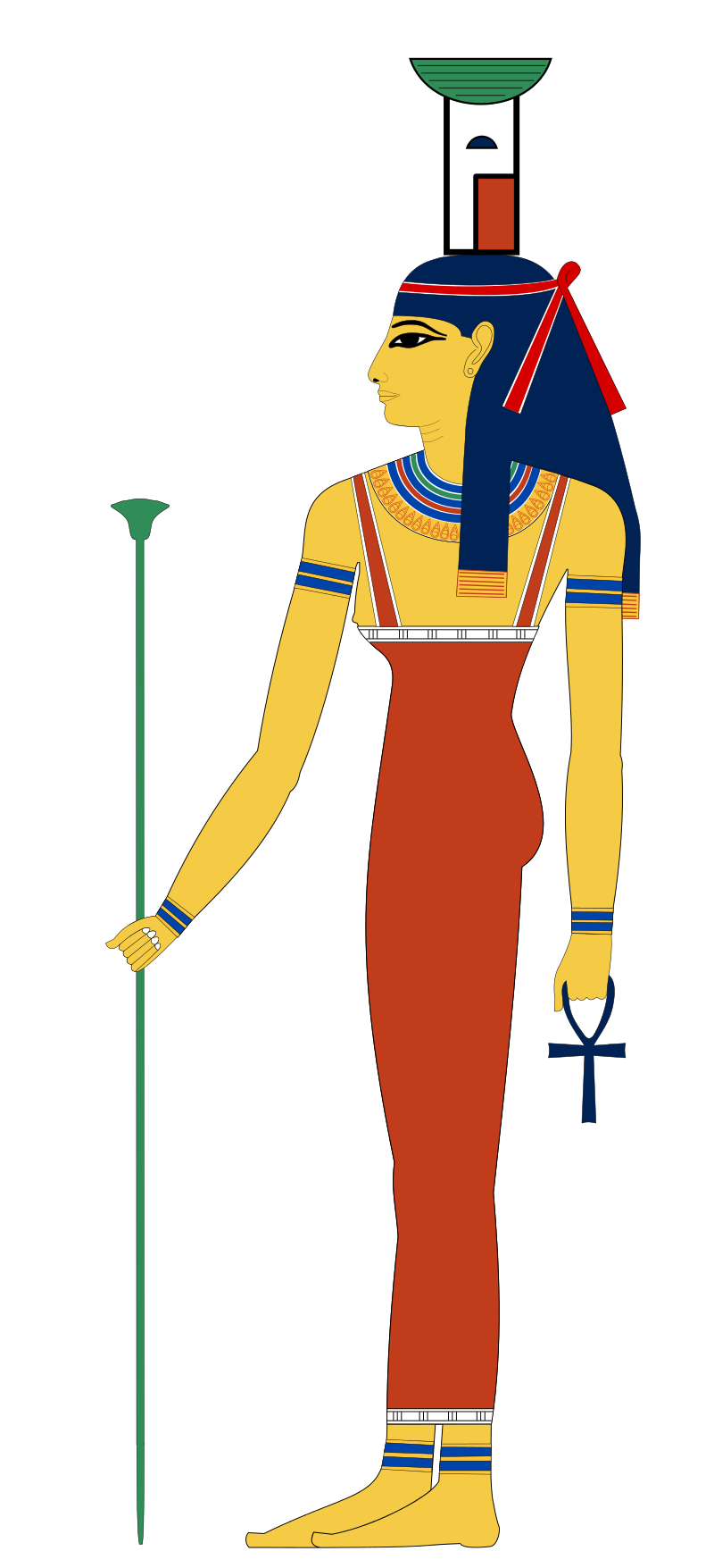Representación de Neftis con sus atributos: el báculo, el anj y su característico tocado que representa una casa y una cesta.