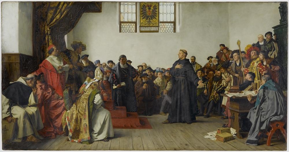 Lutero ante la Dieta de Worms, pintura de Anton von Werner de 1877 que representa a Martín Lutero defendiendo su doctrina frente al emperador Carlos V y otras autoridades del Sacro Imperio Romano Germánico, en la Dieta de Worms, en 1521.