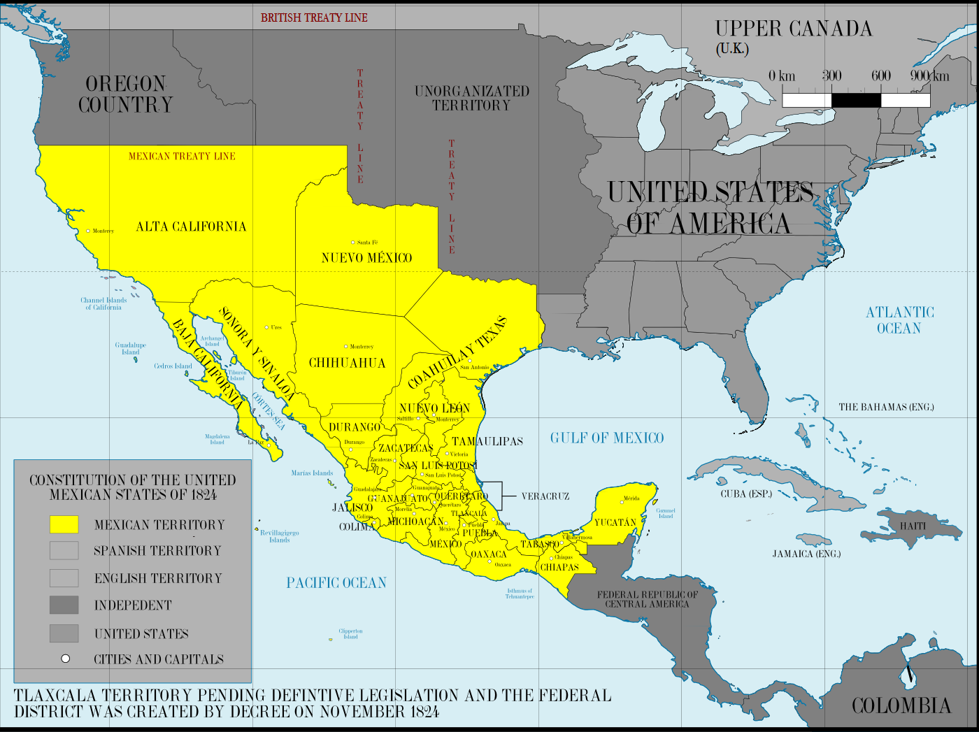Mapa de México en 1824, cuando Texas estaba formaba parte del Estado de Coahuila.