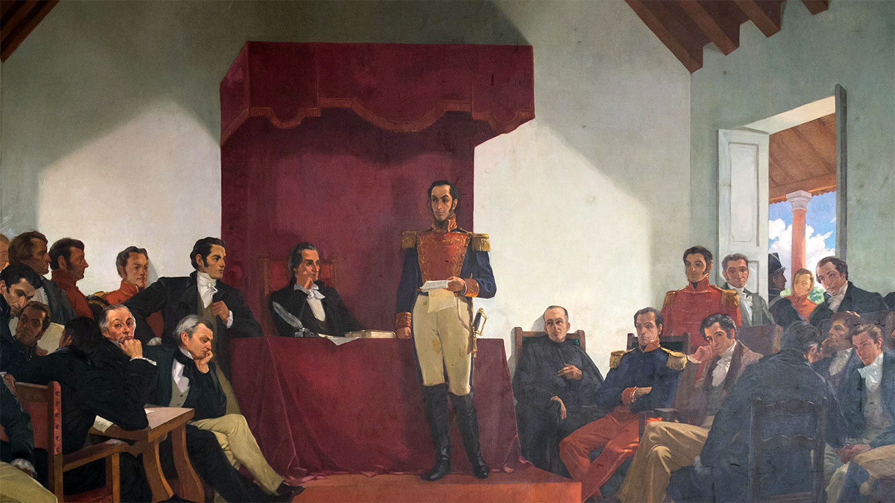 Simón Bolívar presidiendo el Congreso de Angostura, que culminó con la creación de la Gran Colombia. Pintura realizada en 1941 por el artista venezolano Tito Salas.