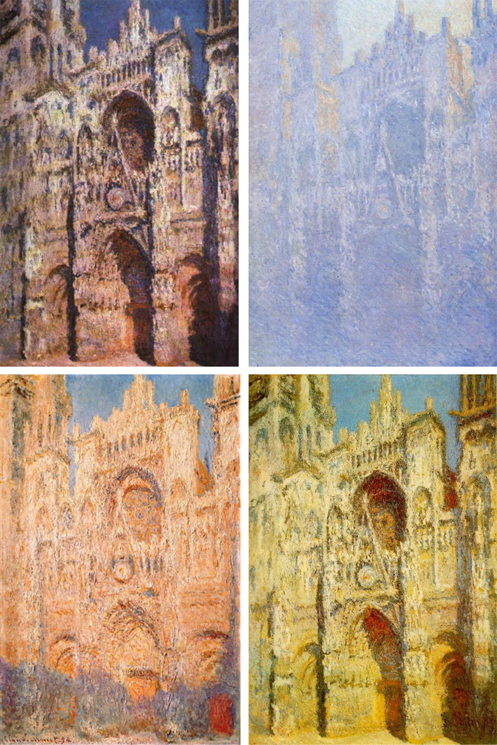 Cuatro ejemplos de la extensa serie de pinturas que Claude Monet realizó documentando los cambios que provocaba la luz en distintos momentos en la catedral de Rouen. 