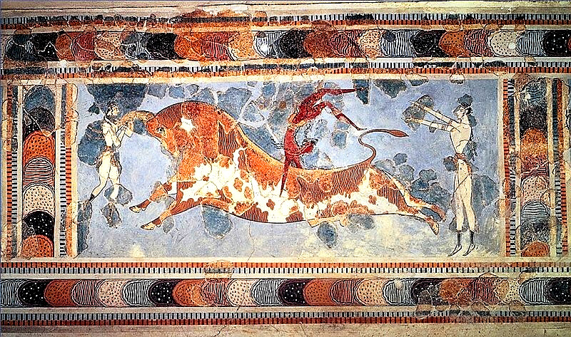 El fresco la taurocatapsia, en el palacio de Cnosos, muestra la escena de una ceremonia ritual en la que un joven salta por encima de un toro, cuando este trata de embestirlo.