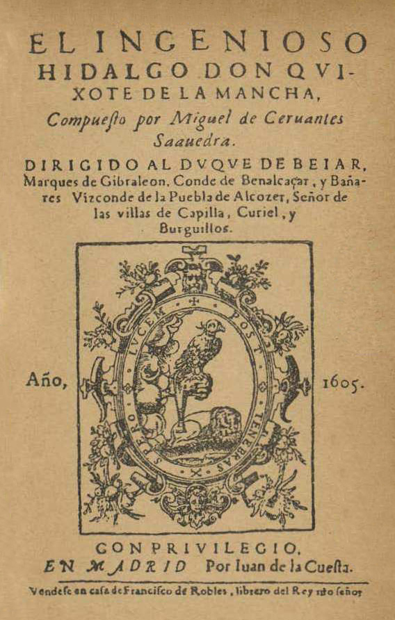 Portada de la primera edición de Don Quijote de la Mancha, novela de Miguel de Cervantes Saavedra.