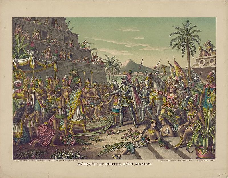 Encuentro entre Hernán Cortés y Moctezuma, el emperador azteca.