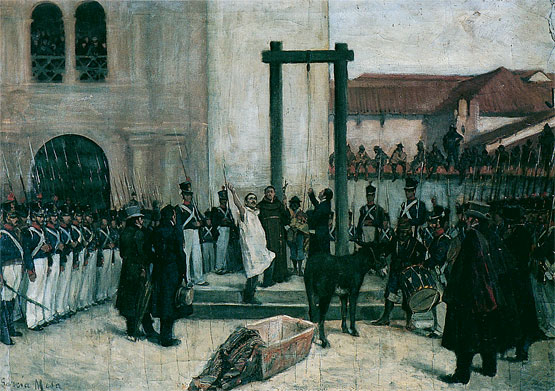 Ejecución de Pedro Domingo Murillo en la Plaza de Armas de la ciudad de La Paz, el 29 de enero de 1810. Murillo es considerado uno de los precursores de la Independencia de Bolivia.