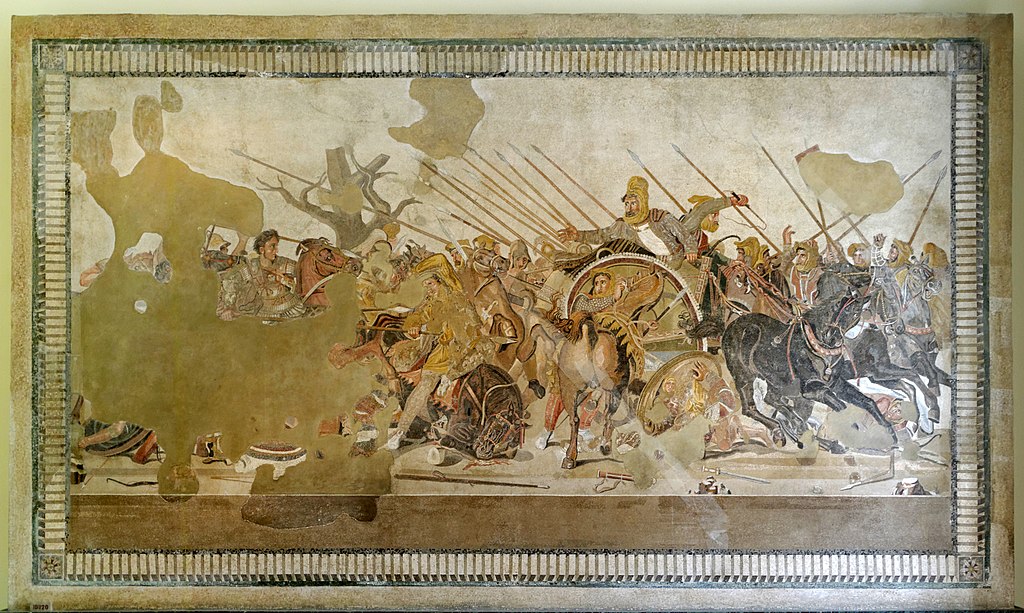 Representación de la batalla de Issos, entre Darío III, en un carro de combate, y Alejandro Magno, montado sobre su caballo Búcefalo. Mosaico de la ciudad romana de Pompeya, siglo I a. C.