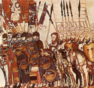 Tropas musulmanas y cristianas según una miniatura medieval del siglo XIII. 