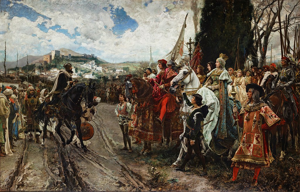 Entrega de las llaves de la ciudad de Granada a los reyes católicos por el sultán Boabdil. Óleo de Francisco Pradilla y Ortiz, 1882.