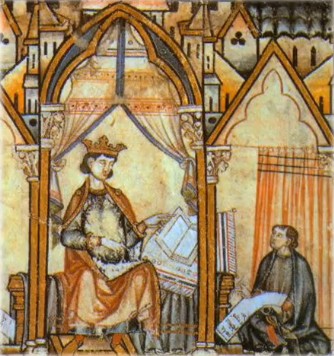 Alfonso X en el Prólogo del Códice Rico de las Cantigas de Santa María, un conjunto de 427 composiciones en honor a la Virgen María.