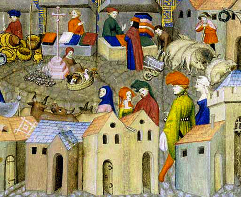 Vista de un sector de las ferias de Champaña. Miniatura del manuscrito Le Chevalier errant de Tomás III de Saluzzo, 1400.