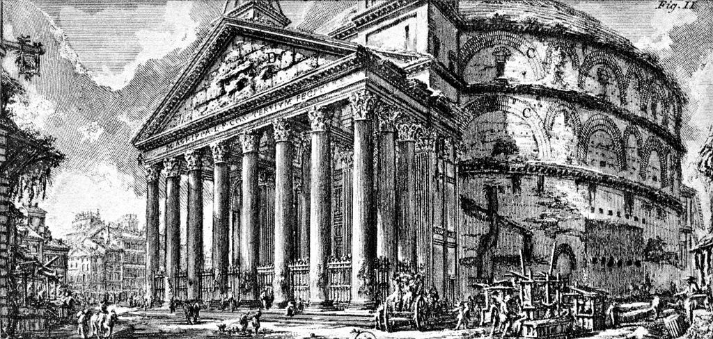 Panteón de Agripa, Roma, 118-125. En la imagen, según un grabado de Piranesi de 1754.