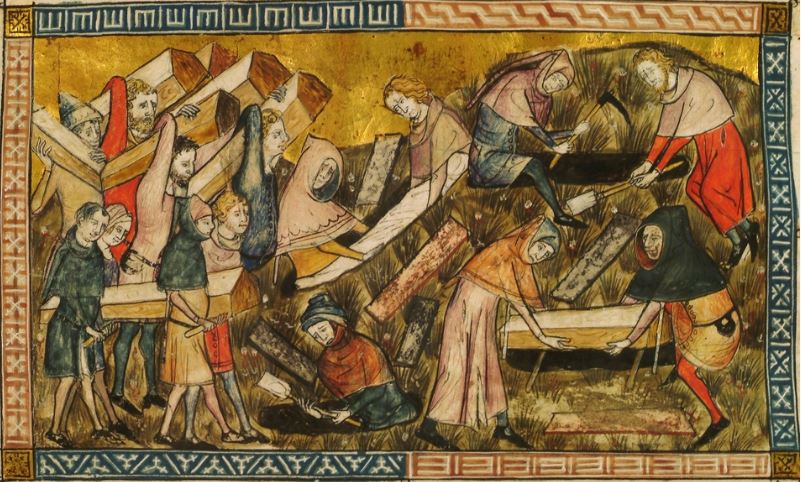 Entierro de víctimas de la peste negra, en Tournai, actual Bélgica. Miniatura de Pierart dou Tielt, 1353.