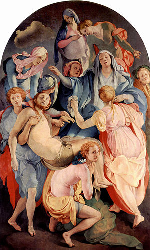 Pontormo, Descendimiento de la cruz, 1525-1528, óleo sobre madera, 313 cm × 192 cm. Iglesia de Santa Felicita, Florencia, Italia.