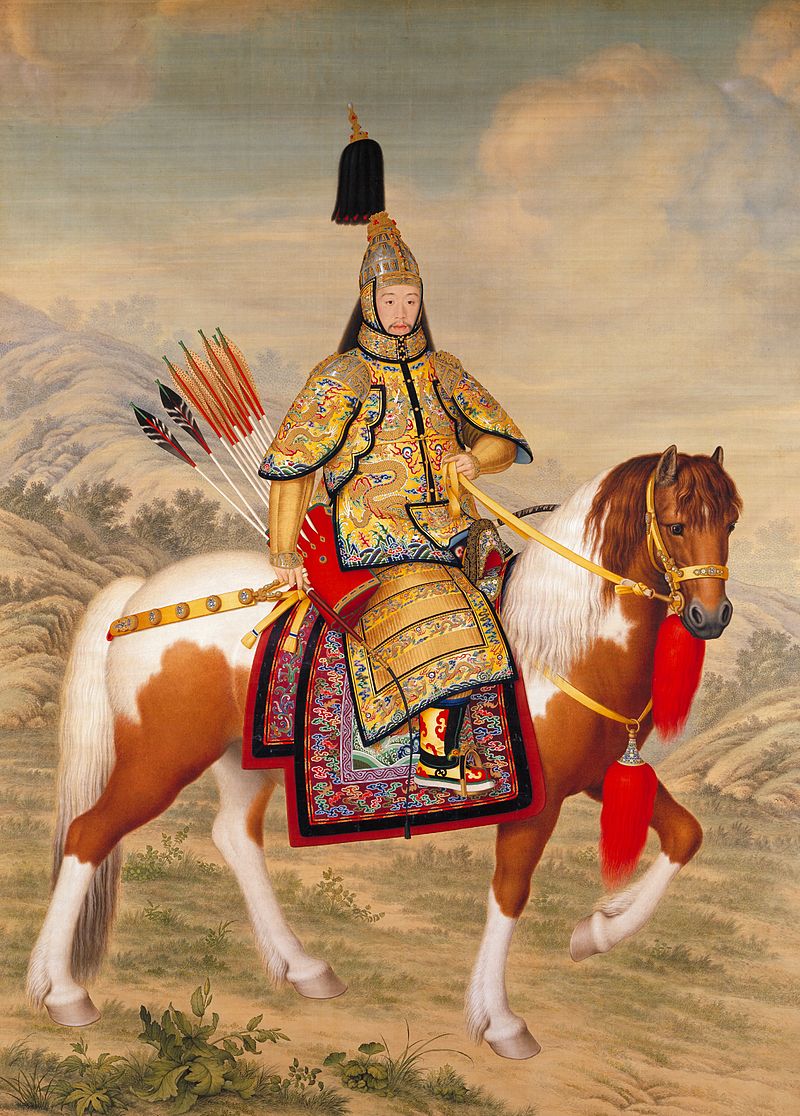 El emperador Qianlong (1735-1796) montado a caballo con una armadura ceremonial. Pintura del misionero jesuita italiano Giuseppe Castiglione (1688-1766). El reinado de Qianlong es considerado como una edad de oro de la civilización china y marcó el auge del imperio y de la dinastía Qing.