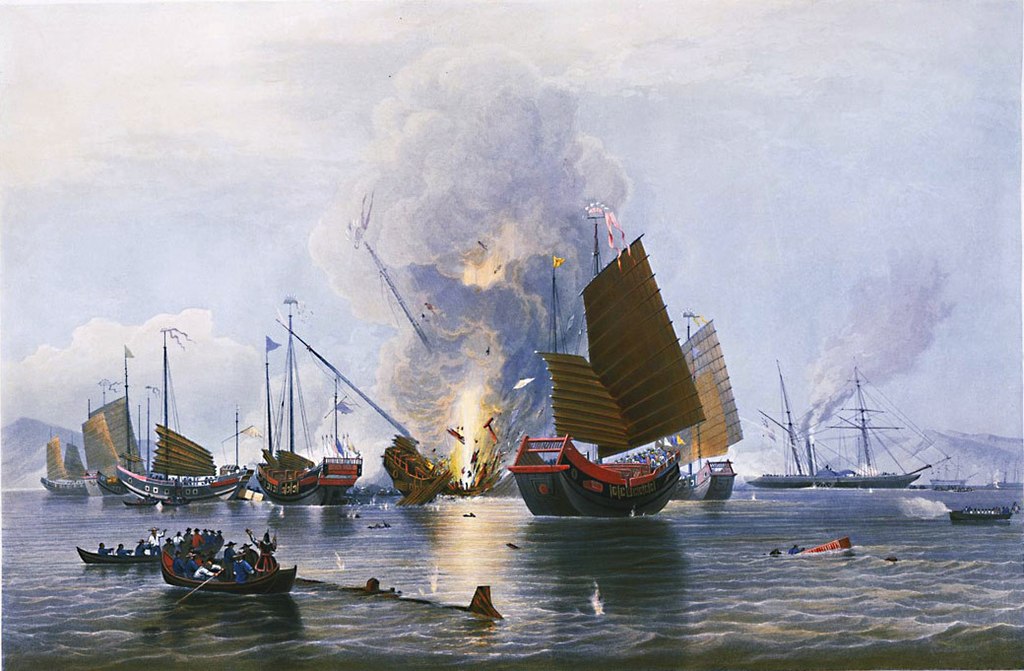 Batalla naval entre juncos de guerra chinos y buques a vapor británicos, durante la primera guerra del Opio. Pintura del artista británico Edward Duncan (1843).