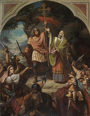 Proclamación de Pelayo como rey de Asturias en Covadonga. Pintura del artista español Luis de Madrazo.