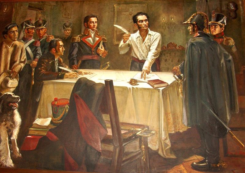Bolívar a punto de firmar el Decreto de Guerra a Muerte, el 15 de junio de 1813, en la ciudad de Trujillo, durante la Campaña Admirable.
