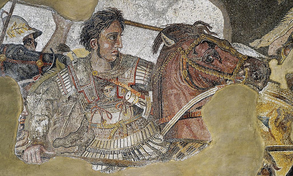 Mosaico romano que muestra a Alejandro Magno combatiendo en Issos. Se halla en la Casa del Fauno, en las ruinas de Pompeya.