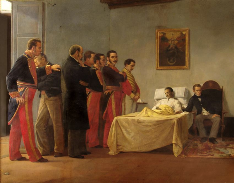 Muerte de Simón Bolívar en Santa Marta, el 17 de diciembre de 1830. Pintura realizada por el artista venezolano Antonio Herrera Toro, en 1889.