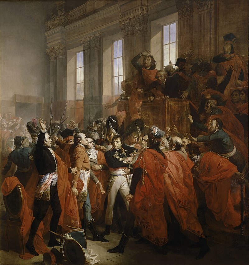 Napoleón disuelve el Consejo de los Quinientos, durante el golpe de Estado que lo llevó al poder, el 9 de noviembre de 1799. Pintura del artista francés François Bouchot.