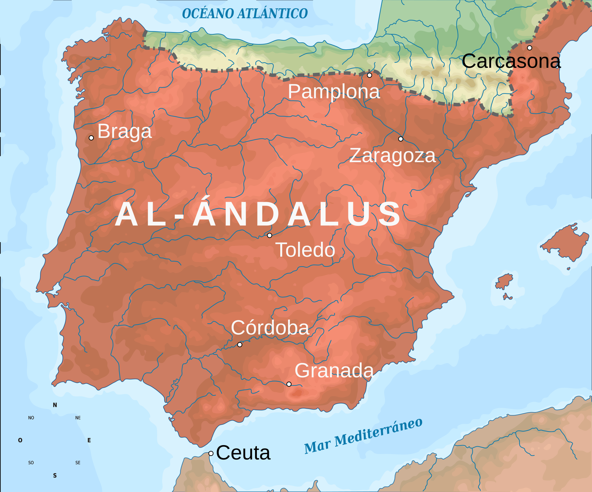Mapa de al-Ándalus hacia el 722, durante la época de su mayor extensión.