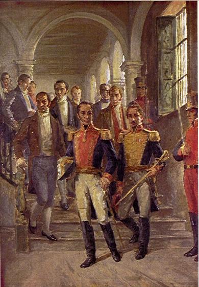 Simón Bolívar y Francisco de Paula Santander en el Congreso de Cúcuta, en 1821. Pintura del artista colombiano Ricardo Acevedo Bernal realizada en 1926.