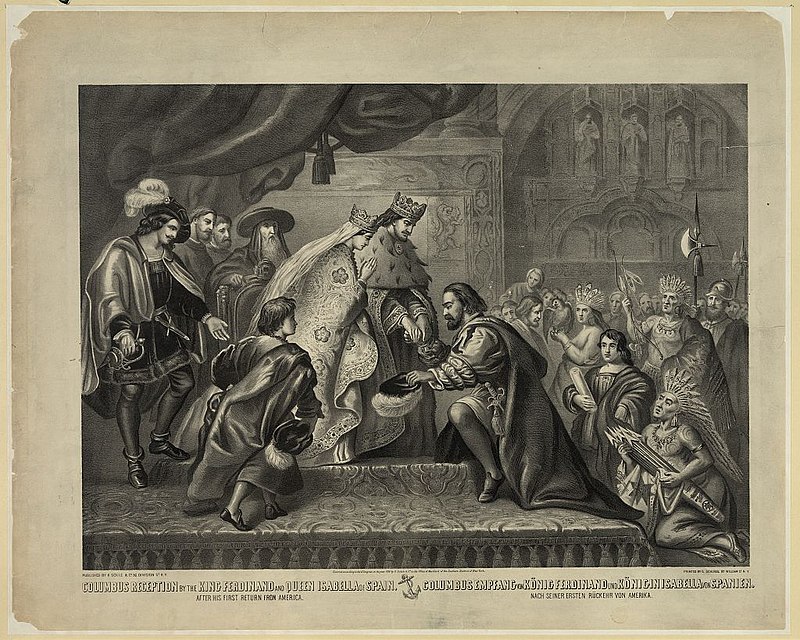 Grabado del siglo XIX que representa la recepción de los Reyes Católicos a Colón a su regreso de América.