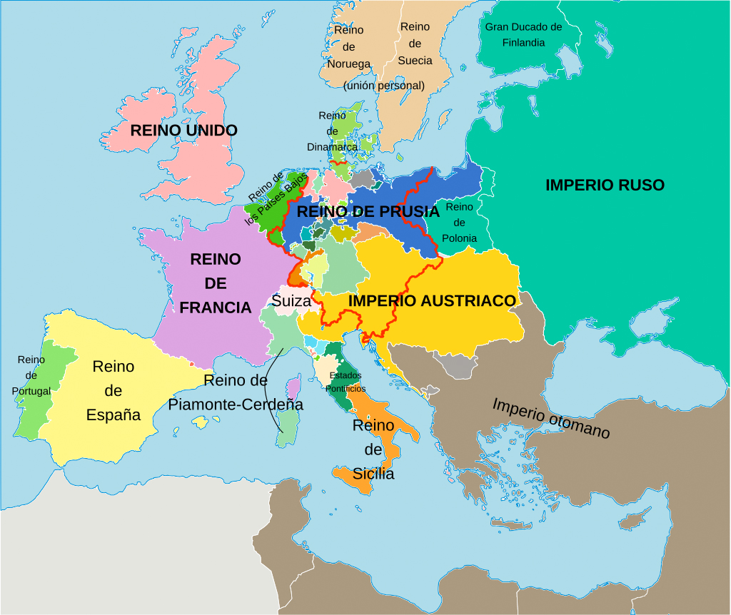 Mapa de Europa a partir de las medidas tomadas en el Congreso de Viena. Las fronteras de la Confederación Germánica están marcadas con una línea roja.