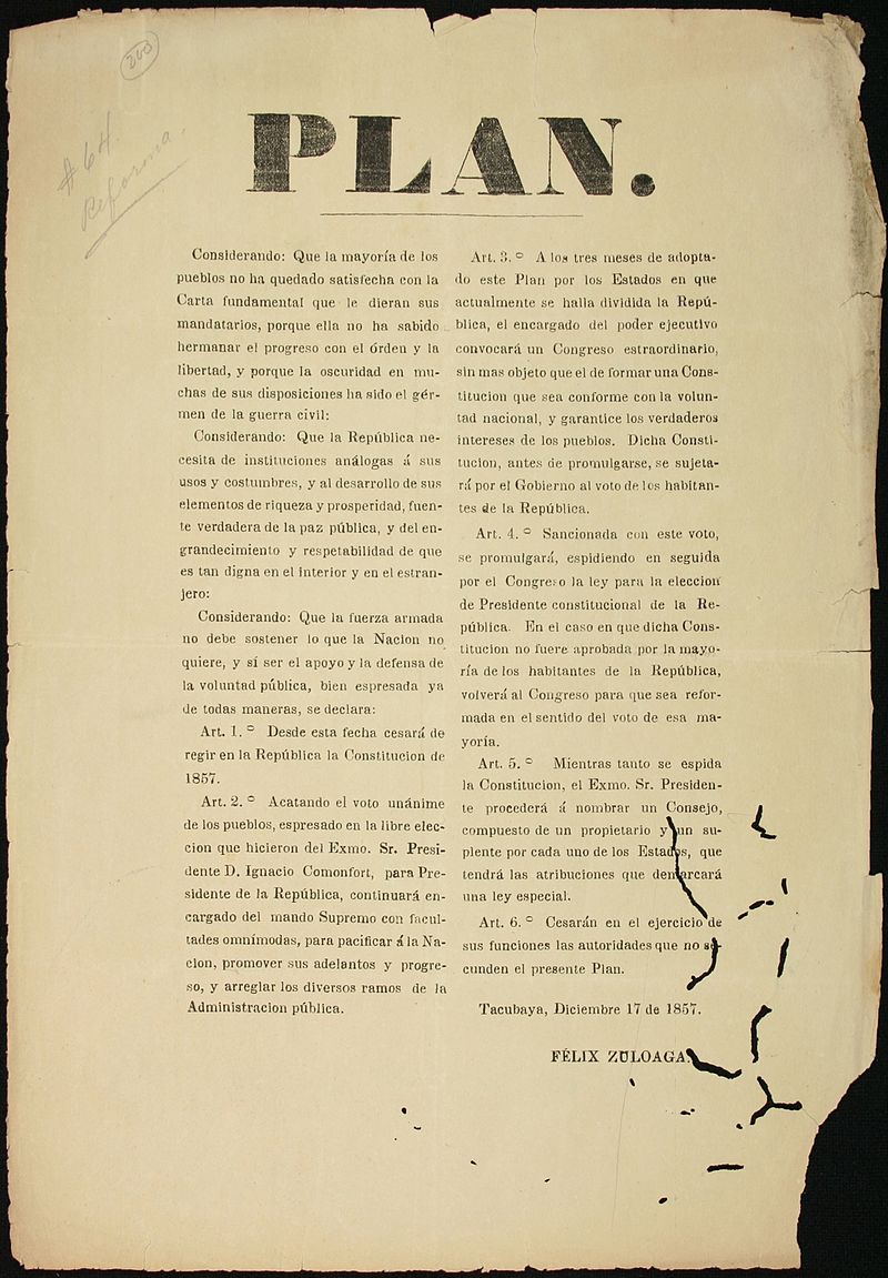 Copia del Plan de Tacubaya, redactado por José Félix Zuloaga, el 17 de diciembre de 1857.