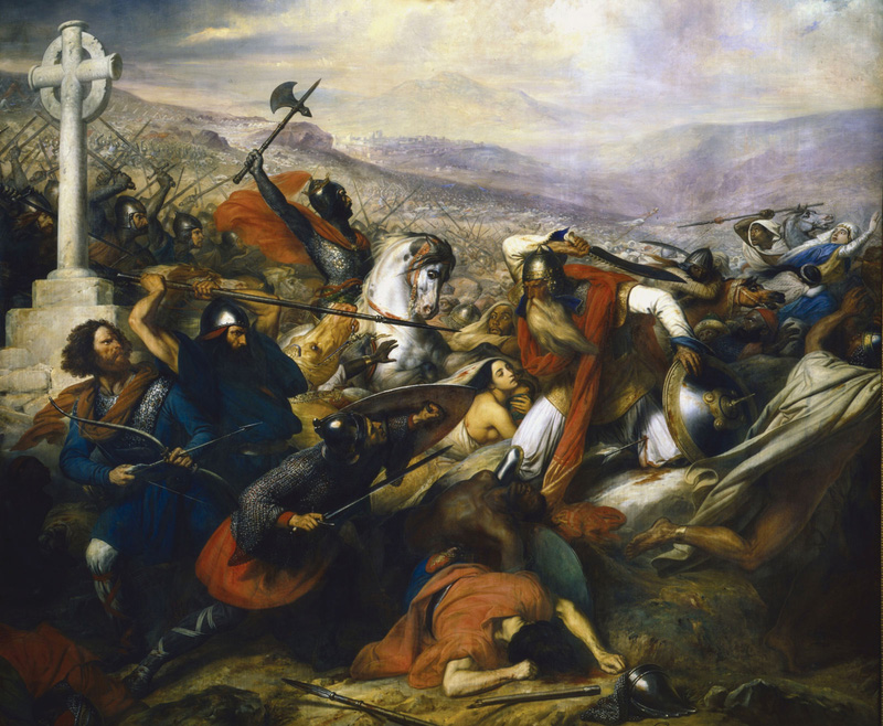 Batalla de Poitiers (732), pintada por el artista francés Charles de Steuben en el siglo XIX. Galería de las batallas, Palacio de Versalles, Francia.