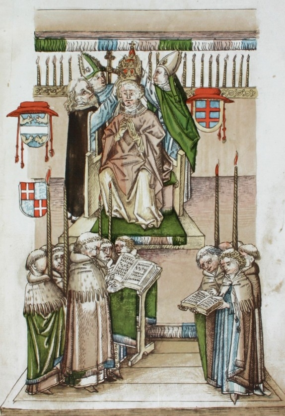 Coronación del papa Martín V el 11 de noviembre de 1417 en el Concilio de Constanza. Ilustración de la página de una crónica de Ulrich de Richental.