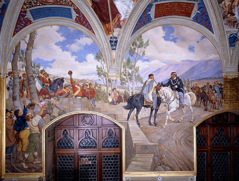 Encuentro entre Giuseppe Garibaldi y Víctor Manuel II, en el puente de Teano el 26 de octubre de 1860. Mural de Piedro Aldi, de 1886, ubicado en el Palacio público de Siena.