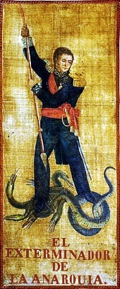 Afiche de la época que muestra a Juan Manuel de Rosas como el salvador de la sociedad.