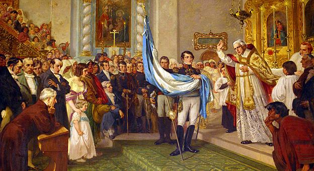 Bendición de la bandera, sostenida por Manuel Belgrano, en San Salvador de Jujuy. Óleo de Luis de Servi.