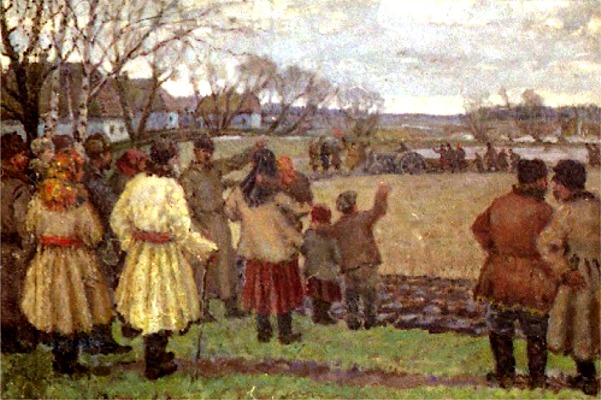 El primer tractor, pintura del artista soviético Vladímir Krivitzki. La obra, característica del realismo soviético, alude a la mecanización del campo impulsada por el estalinismo.