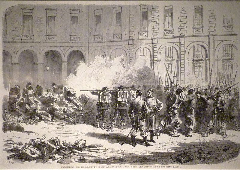 Ejecución de comuneros capturados durante la represión del movimiento publicado en L'Illustration en junio de 1871.