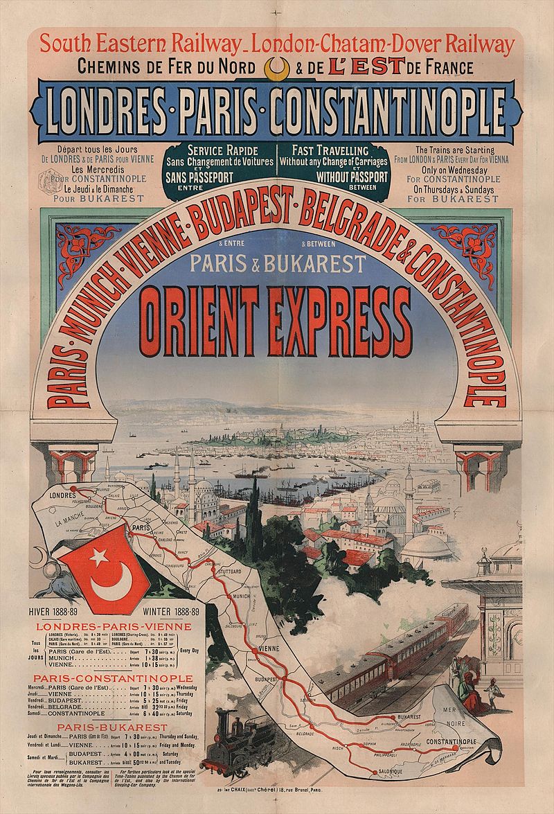 Expreso de Oriente, línea de trenes de lujo que unía la ciudad de París con Constantinopla (Estambul) en Turquía. Afiche de 1888.