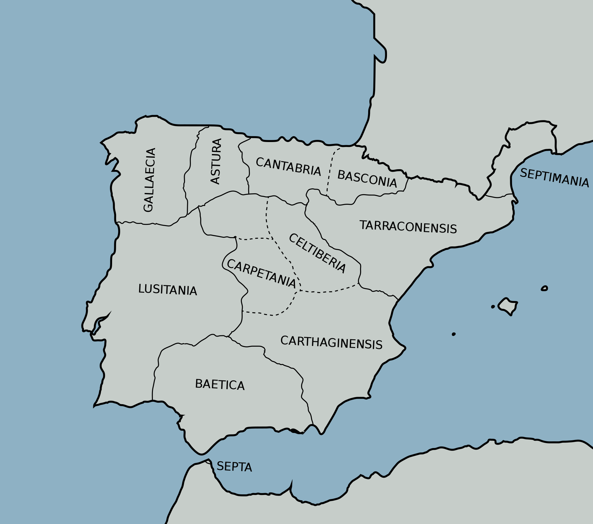 Provincias del reino visigodo hacia el 700. Esta división administrativa tomó en cuenta la manera en que los romanos habían organizado políticamente la región de Hispania durante el Bajo Imperio.