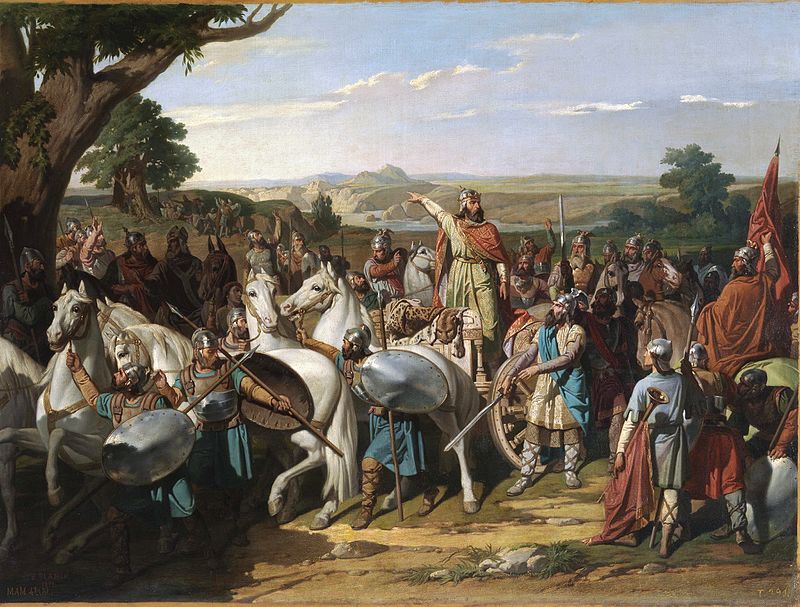 El rey Don Rodrigo arengando a sus tropas en la batalla de Guadalete. Pintura realizada por el artista español Bernardo Blanco y Pérez, en 1871. Museo del Prado, Madrid, España.