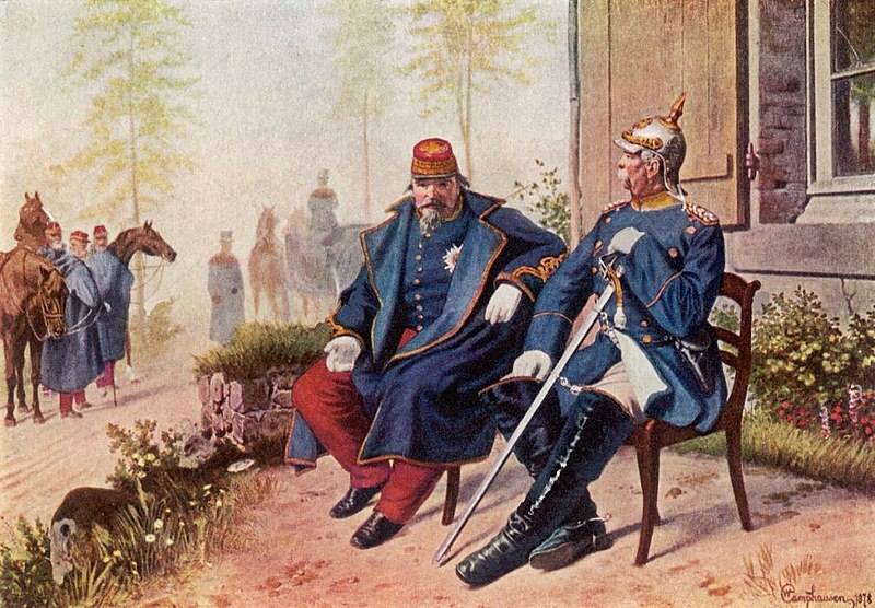 Napoleón III y Otto von Bismarck conferenciando luego de la batalla de Sedán y la rendición del emperador francés. Pintura realizada por Wilhelm Camphausen.