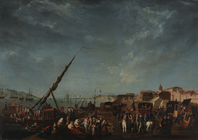Huída de la familia real y la corte portuguesa hacia Brasil, el 29 de noviembre de 1807. Pintura realizada por el pintor lusitano Nicolas-Louis-Albert Delerive.
