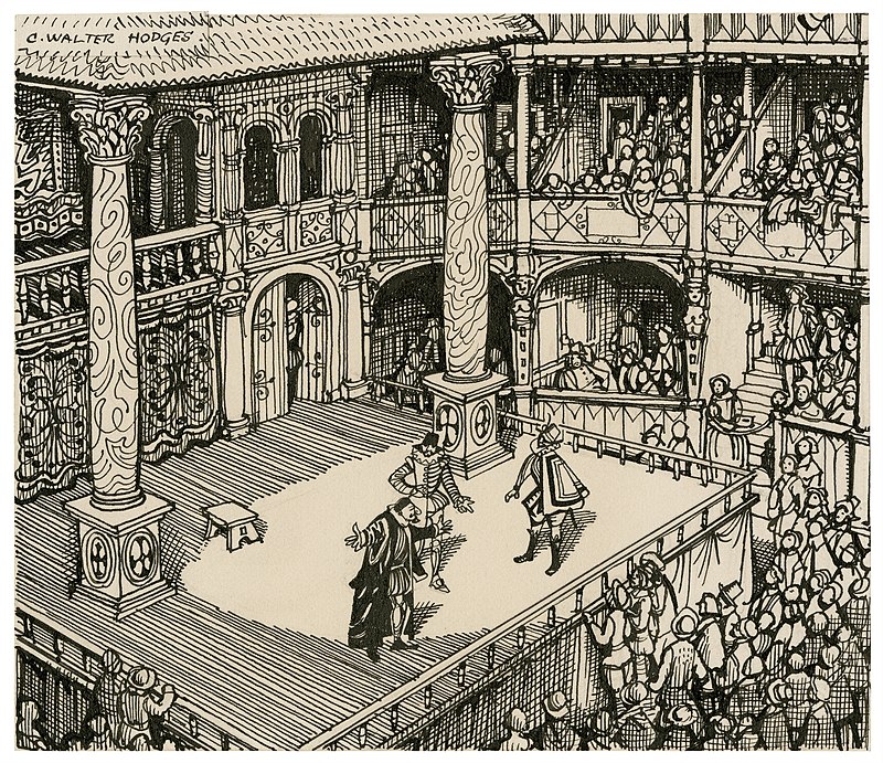 Reconstrucción imaginaria de una puesta en escena del teatro isabelino. Ilustración de Walter Hodges, 1953.