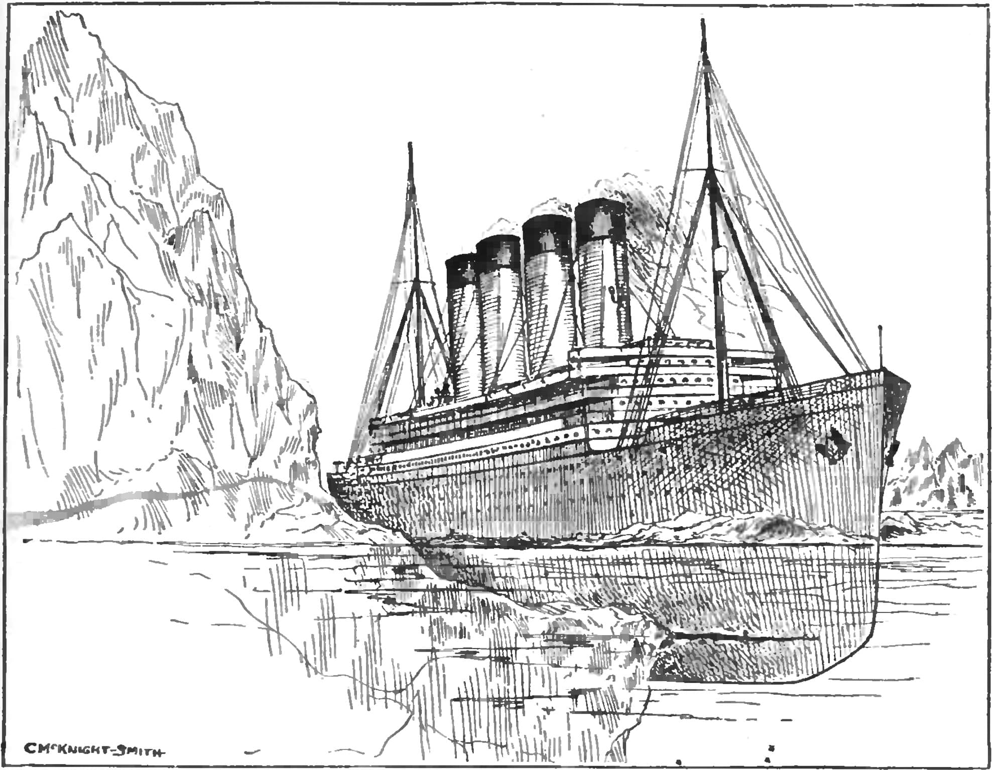 Ilustración de la época que interpretaba la colisión del Titanic contra un sector sumergido del témpano.