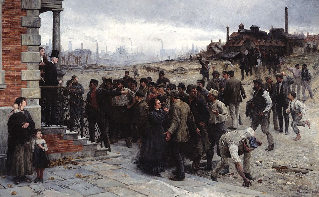 La huelga (1886), del pintor alemán Robert Koehler. Para el marxismo ortodoxo, el proletariado no puede conquistar pacíficamente el poder político, deber arrebatárselo a la burguesía para poder expropiarla de los medios de producción.