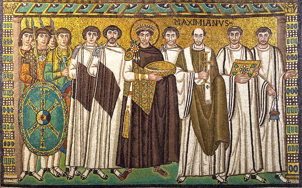 Mosaico que representa al emperador Justiniano y su séquito en la iglesia de San Vital en Rávena.