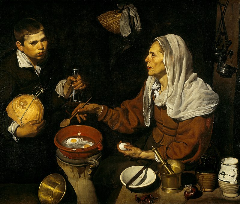 Vieja friendo huevos, 1618, óleo sobre tela, 100,5 cm × 119,5 cm, Galería nacional de Escocia, Edimburgo, Reino Unido.
