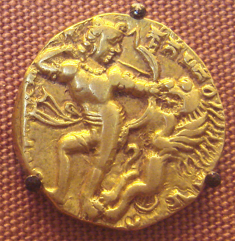 Moneda de oro del período Gupta, en la India.
